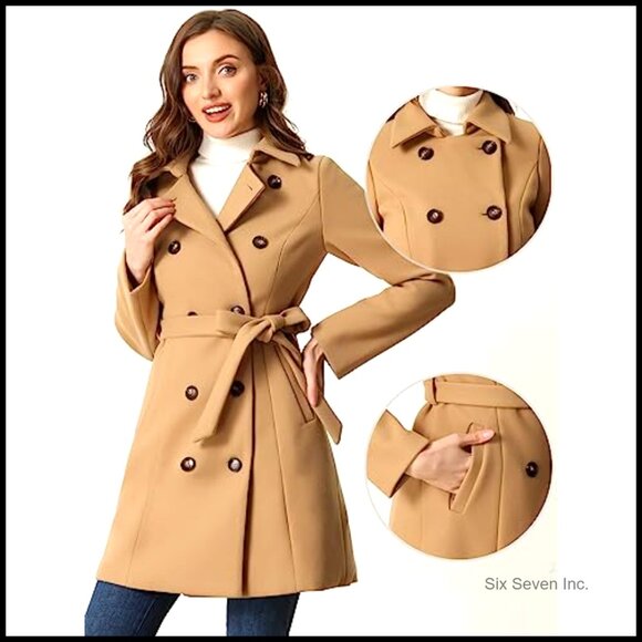 Winter Trench Coat Double Breasted Belted Pea Coat 100% Polyester - Picture 2 of 6